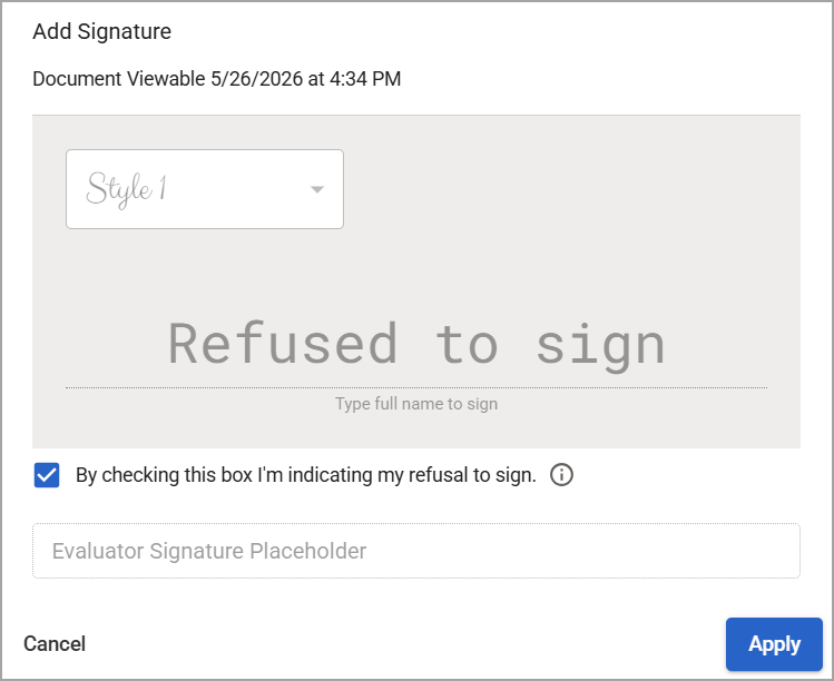 Document signature section indicating refusal to sign with a checkbox option.